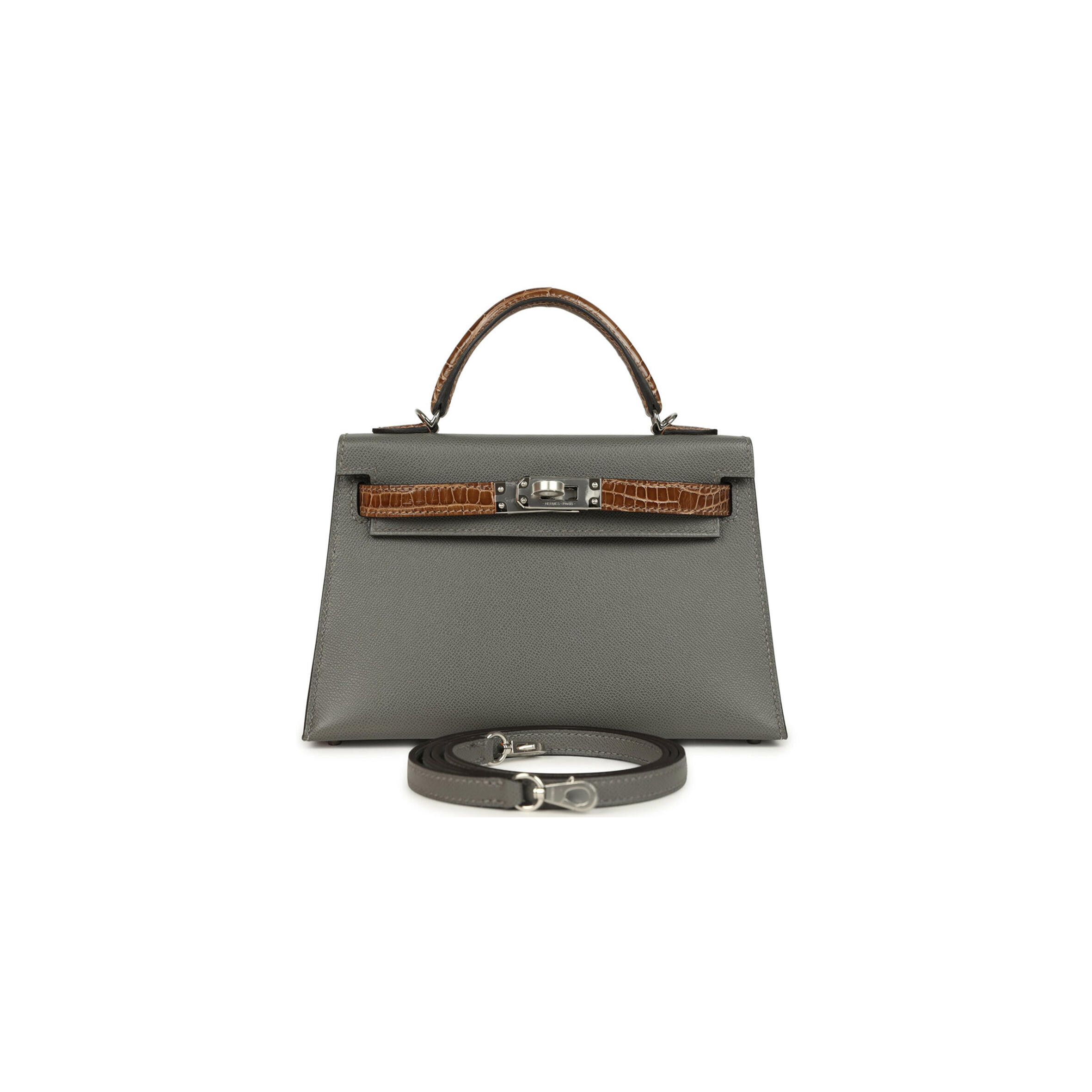 H**mes MASTER MINI KELLY SELLIER GRIS MEYER MADAME AND FICELLE SHINY ALLIGATOR TOUCH PALLADIUM HARDWARE (19*12*5.5cm)